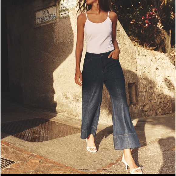 ZARA CROPPED HIGH WAIST WIDE LEG FRONT CENTRAL SEAM Z1975 JEANS - Picture 5 of 7